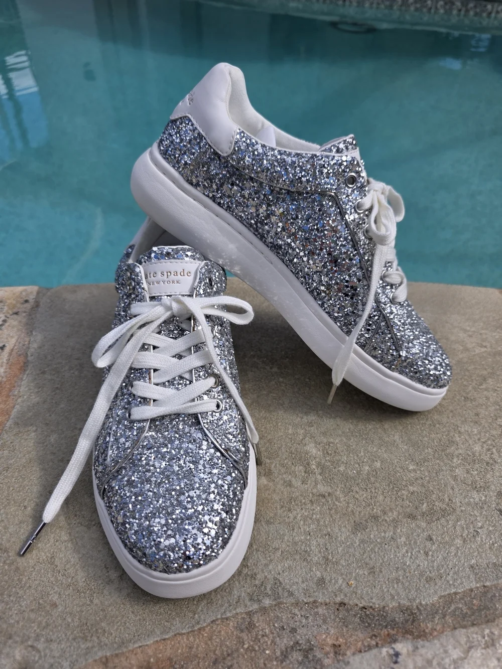 Kate Spade NY Lift Sneakers Silver Glitter Size 9 Sparkle Fashion Sneakers